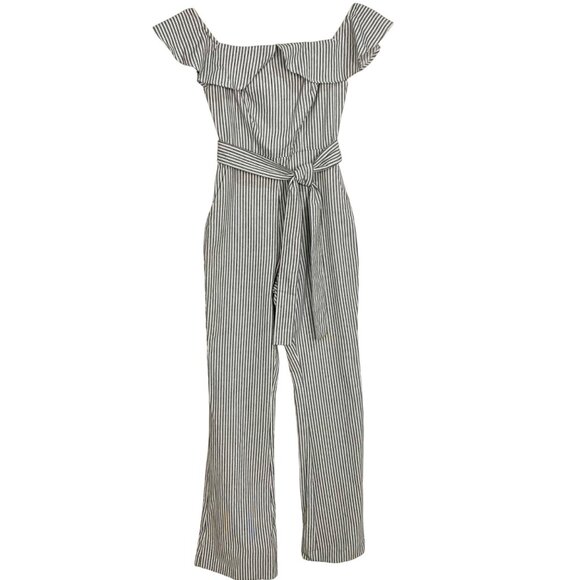BCBGeneration Off-The-Shoulder Striped Jumpsuit Size 0 Navy White New - Picture 3 of 11
